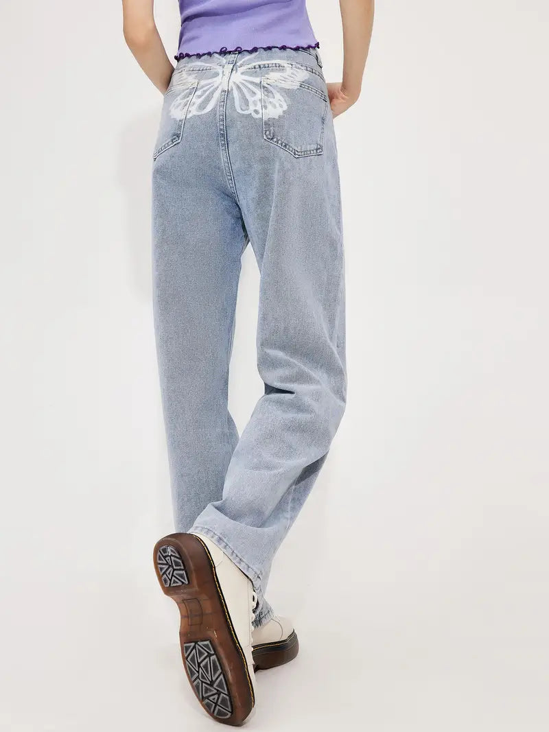 Butterfly Print High Waist Wide Leg Denim Jeans
