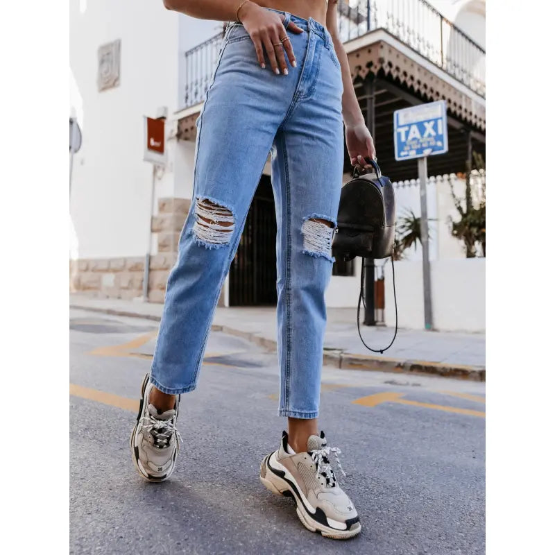 Ripped Straight-Leg Denim Pants