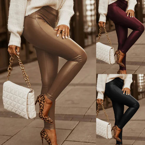 Khaki Casual Zip PU Leather Pants for Women
