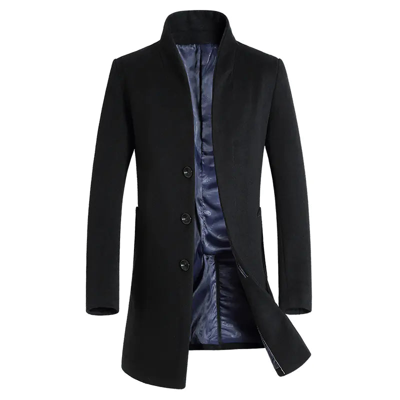 Men's Mid-Length Casual Woolen Stand-Collar Coat