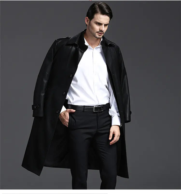 Men's Genuine Leather Long Coat with Stand Collar