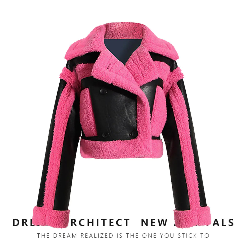 2023 New Pink Contrast Faux Fur Biker Jacket