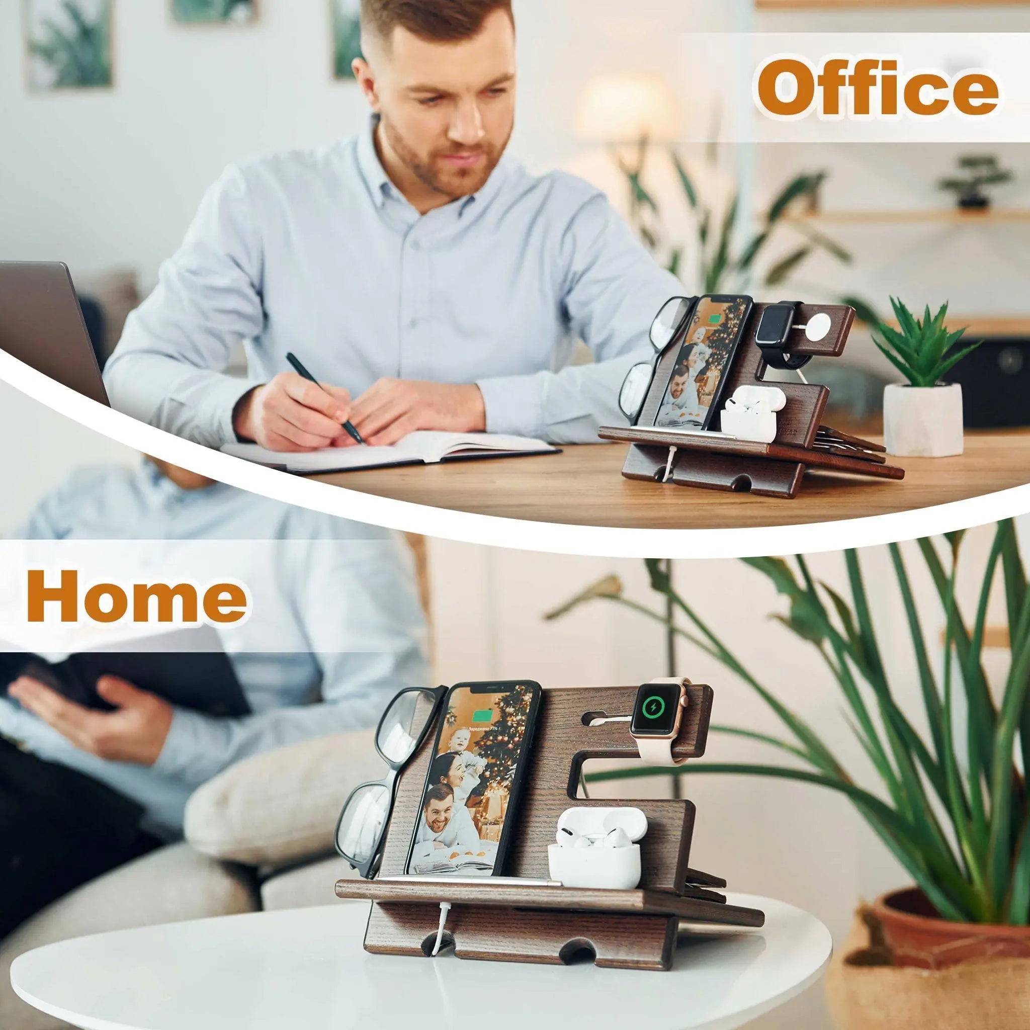 Wood Phone Docking Station Wallet Stand Watch Organizer Minimalist Style for Men