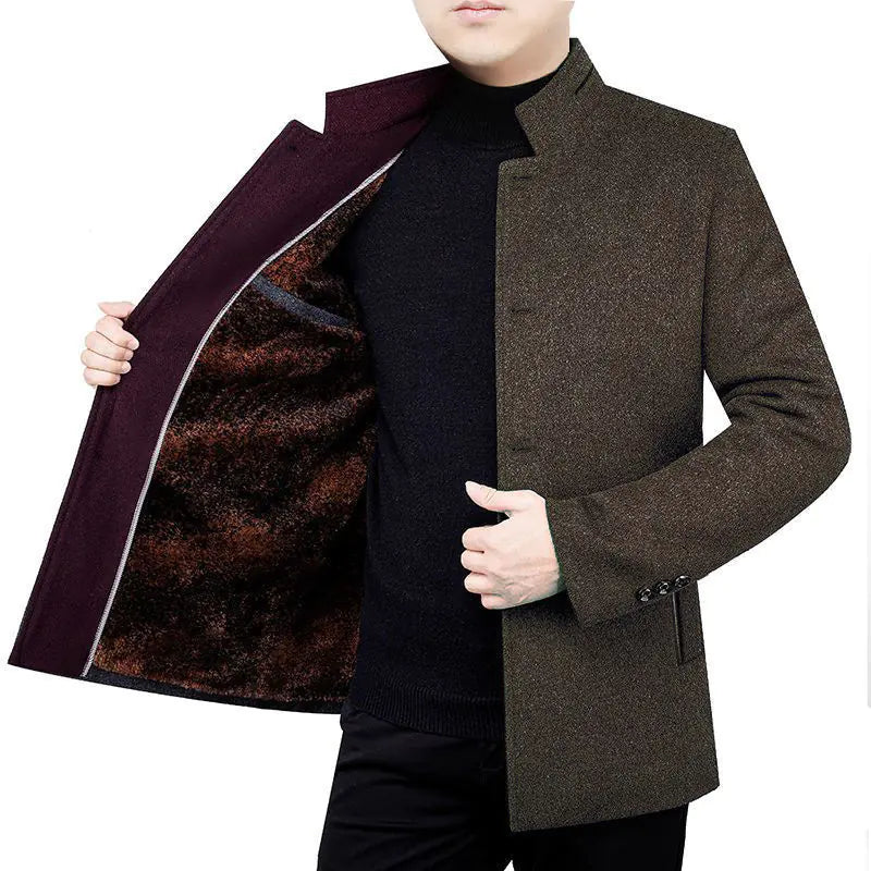 Men's Woolen Coat with Velvet Stand Collar for Fall/Winter