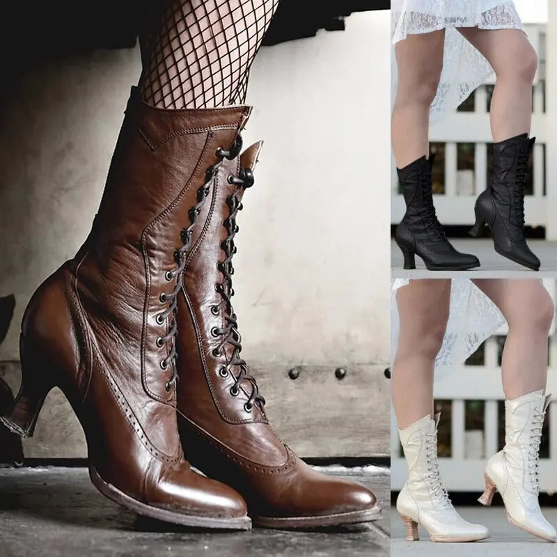 British Style Mid-Heel Women's Lace-Up Ankle Boots