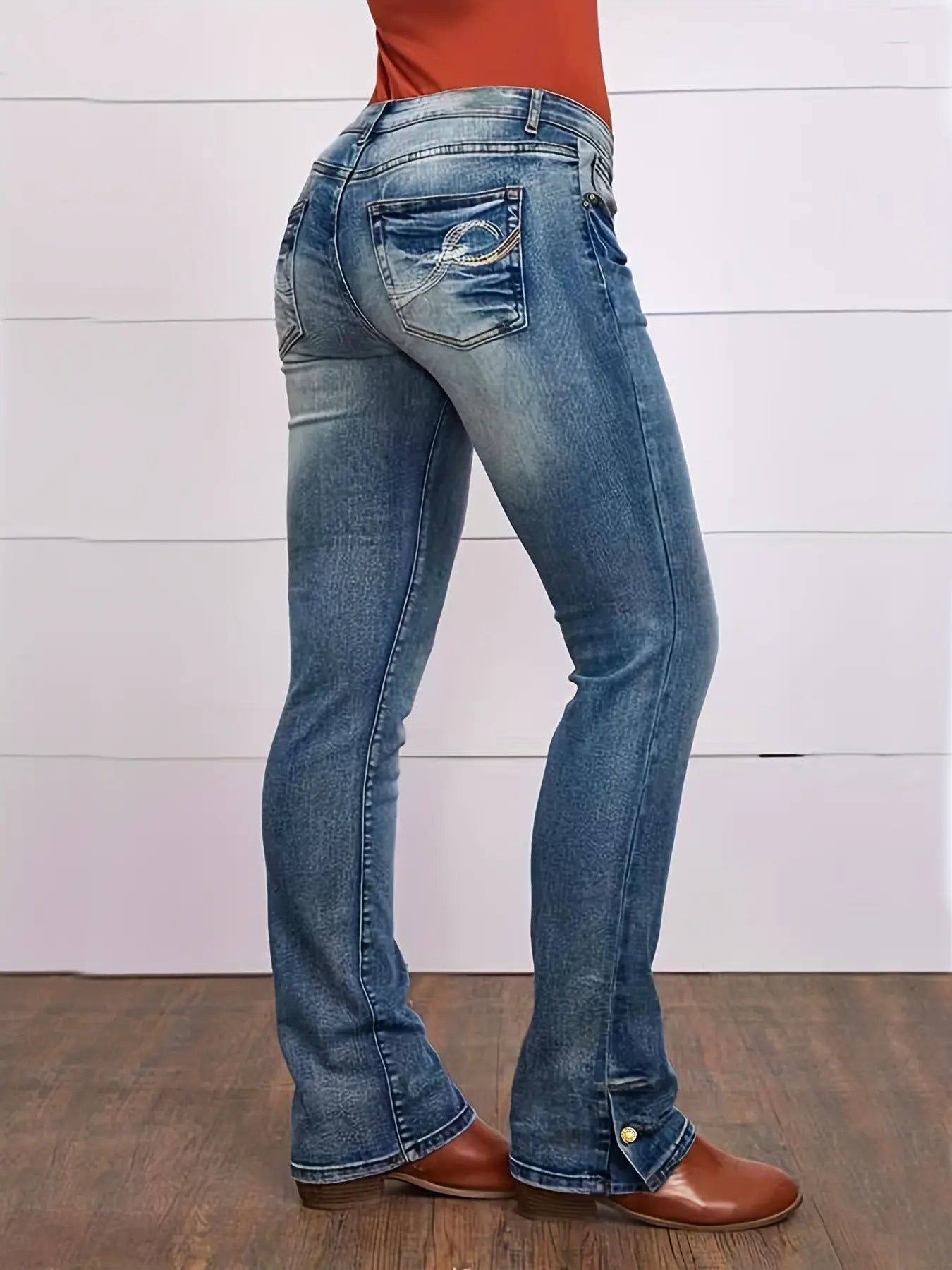 Women's Stretchy Straight-Leg Embroidered Denim Pants