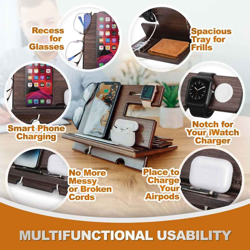 Wood Phone Docking Station Wallet Stand Watch Organizer Minimalist Style for Men