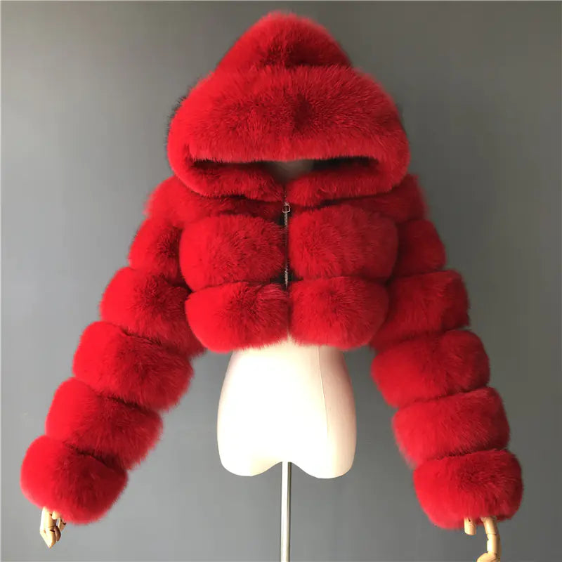 Short Hooded Faux Fur Jacket for Women
