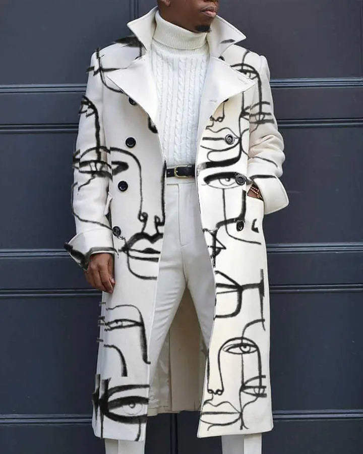 Men's Woolen Mid-length Trench Coat with Stand Collar