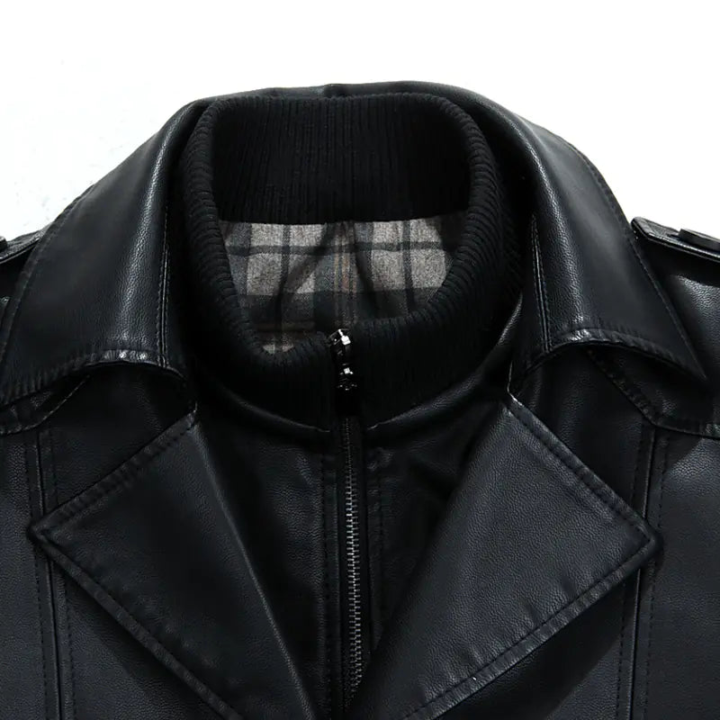 Men's Genuine Leather Long Coat with Stand Collar