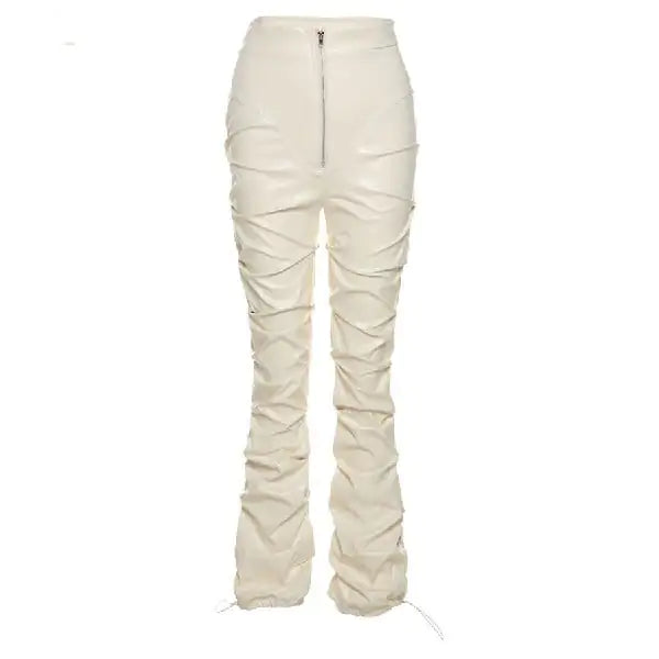 Pleated High Waist PU Leather Pants in Black