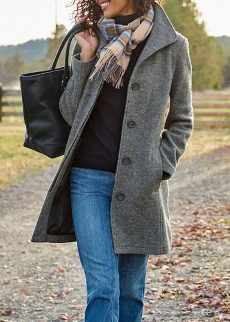 Medium Length Solid Color Woolen Coat for Women