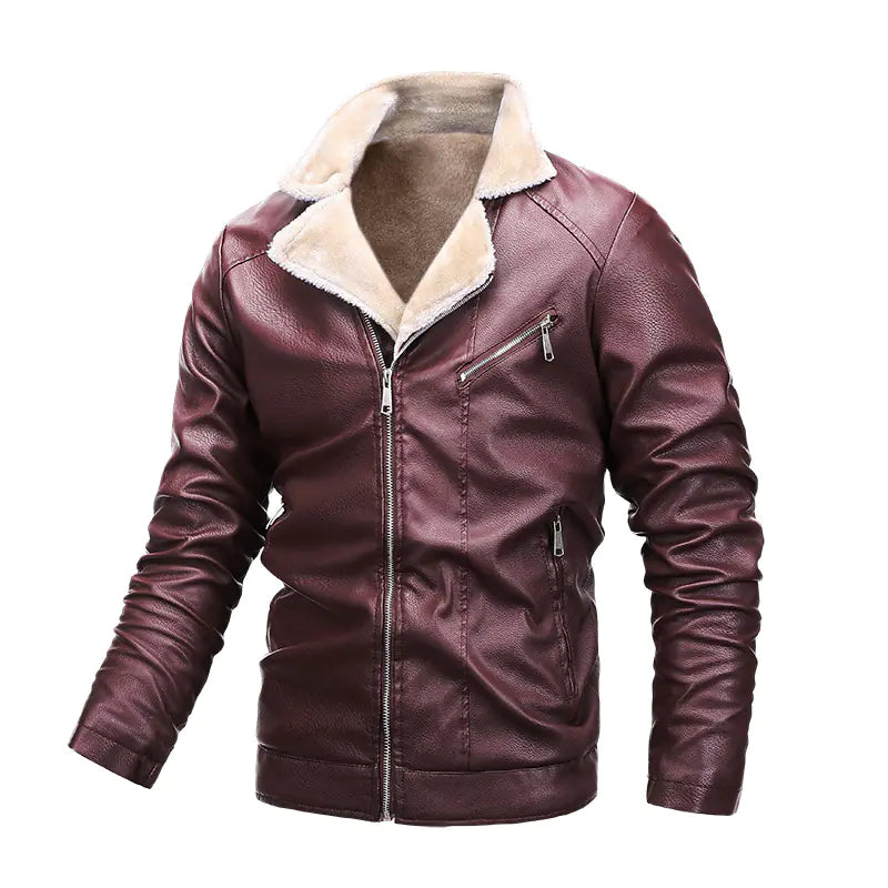 Men's Plus Velvet Leather Casual Stand Up Collar Jacket