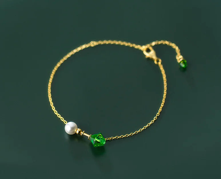 14K Gold-Plated Minimalist Pearl & Emerald Bracelet