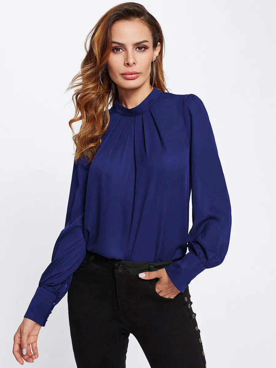 Pleated Stand Collar Chiffon Shirt for Women