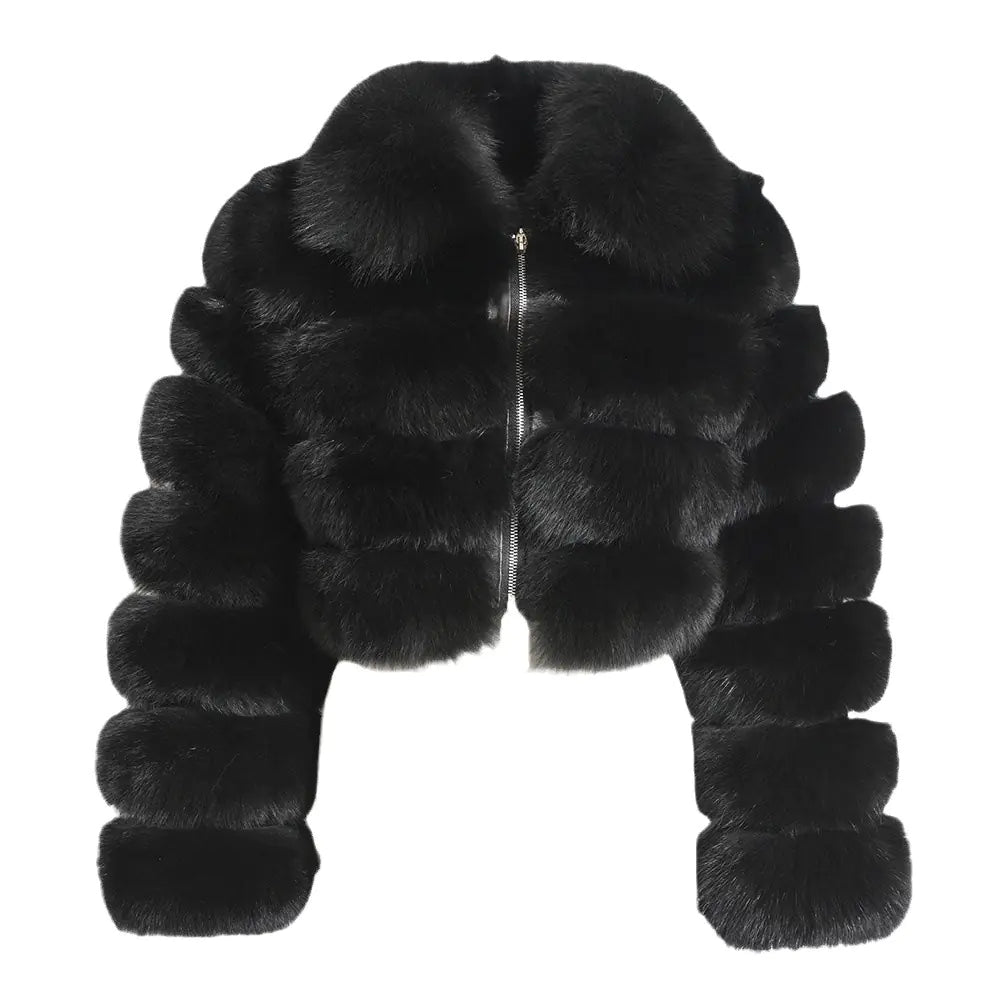 Faux Fur Women's Short Jacket with Lapel and Long Sleeves