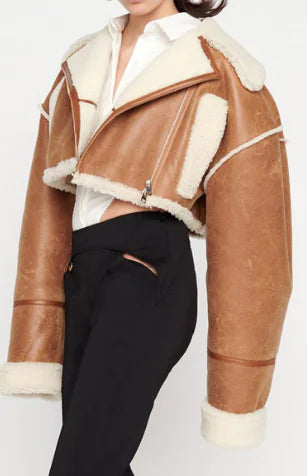 Faux Fur Lined Short Leather Jacket for Women