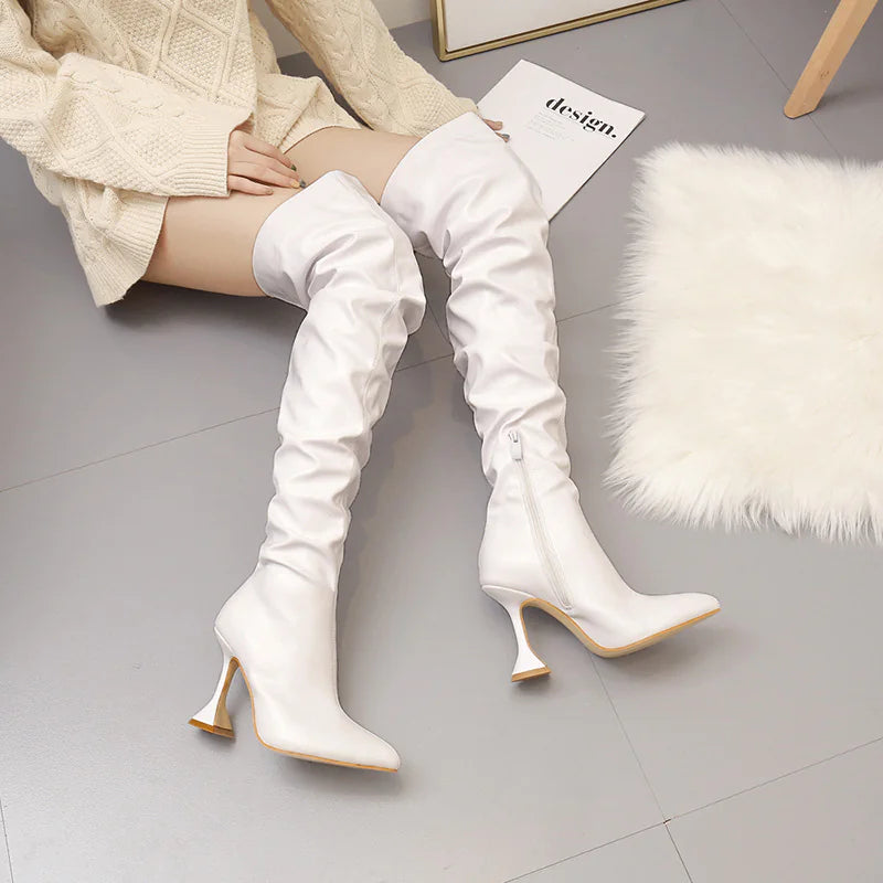 "Women's White Over-the-Knee Slim High Heel Boots"