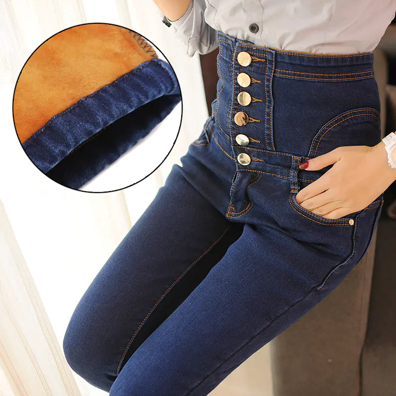 Warm Thickened Denim Pencil Pants for Women