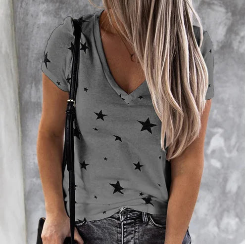 V-neck Digital Printed Star Women's Short Sleeve T-shirt