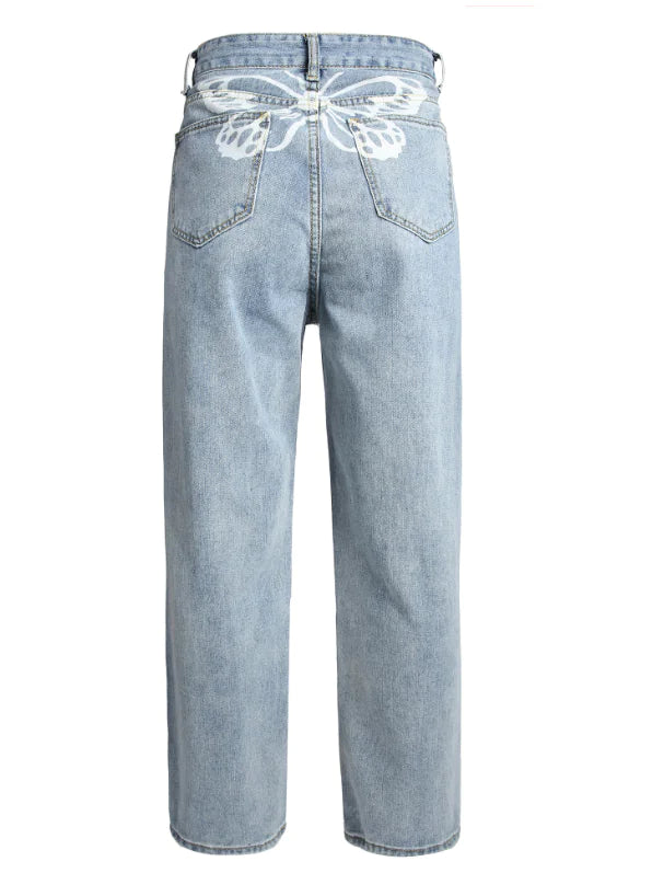 Butterfly Print High Waist Wide Leg Denim Jeans