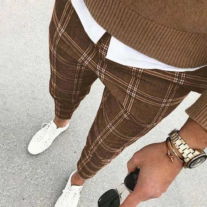 Solid Color Men's Plaid Casual Trousers
