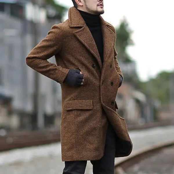 Men's Woolen Trench Coat with Lapel Design
