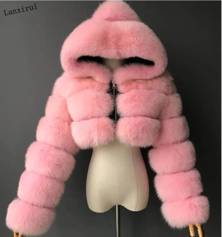 Short Hooded Faux Fur Jacket for Women