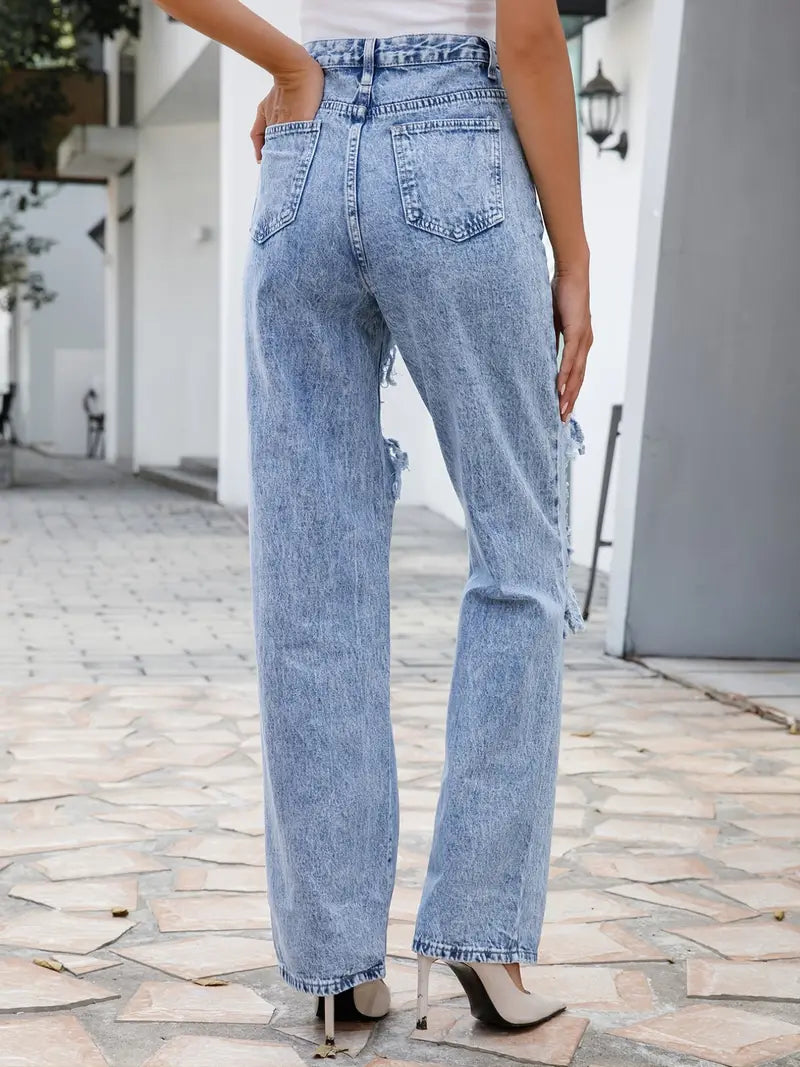 High Rise Distressed Boyfriend Wide Leg Denim Jeans