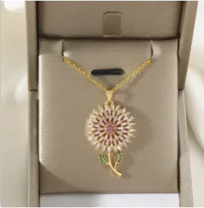 18K Gold Plated Pink Sunflower Pendant Necklace
