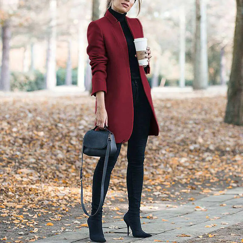 Solid Color Wool Blend Stand Collar Coat