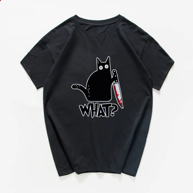 Funny Cat Knife Graphic T-Shirt for Students (Cotton)