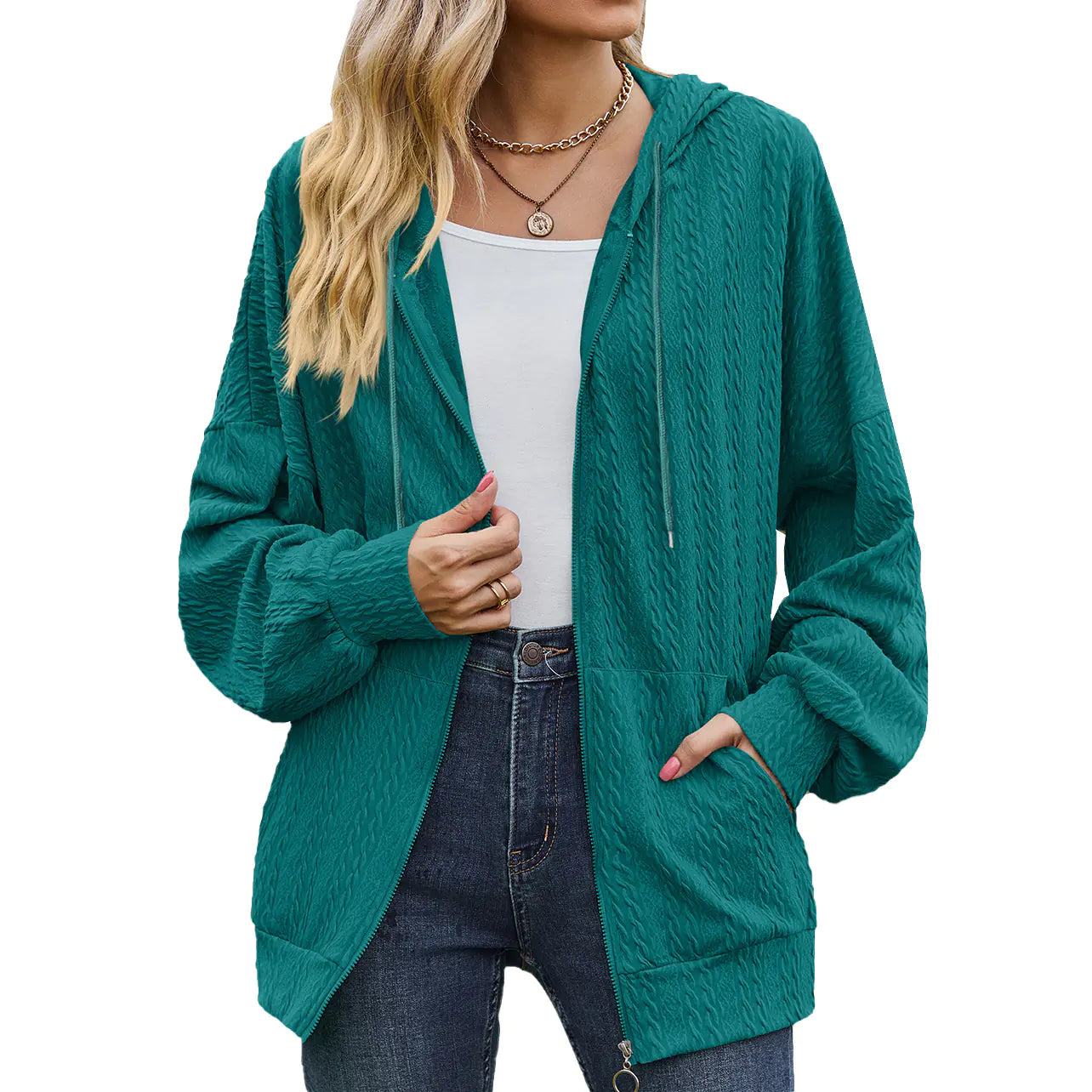 Women's Solid Color V-neck Zipper Sweater Coat