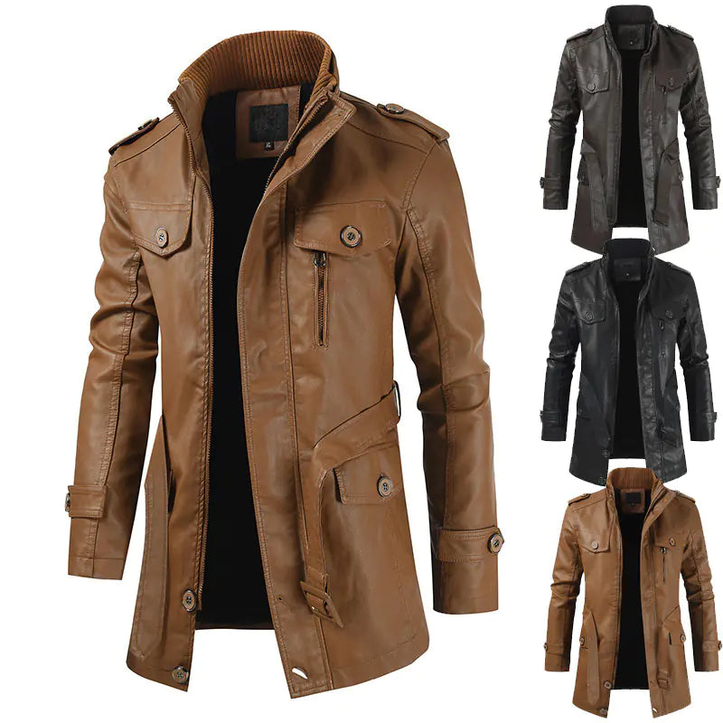 Men's Plus Velvet Casual Stand Collar Leather Coat