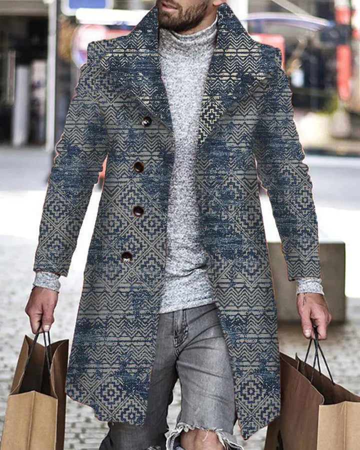 Men's Woolen Mid-length Trench Coat with Stand Collar