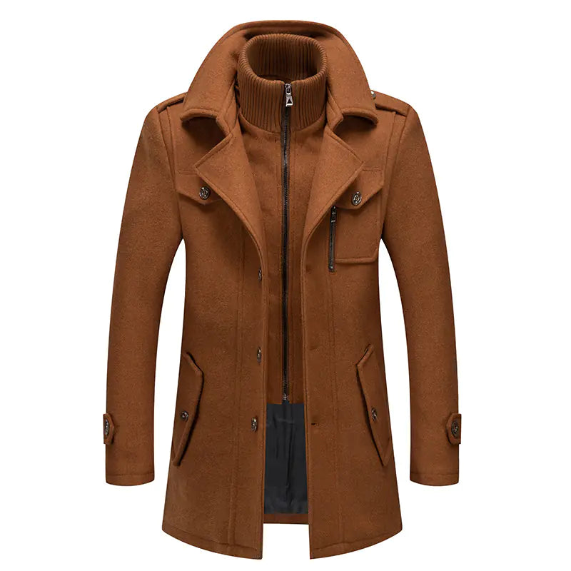 Men's Woolen Coat - Double Collar Mid-Length Jacket