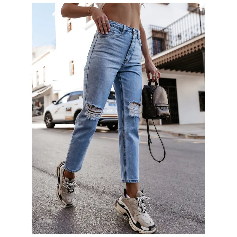 Ripped Straight-Leg Denim Pants