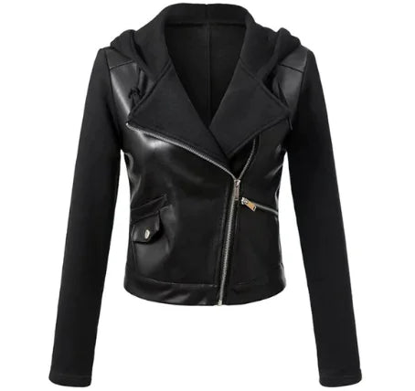 Embroidered Leather Jacket with Hood for Women