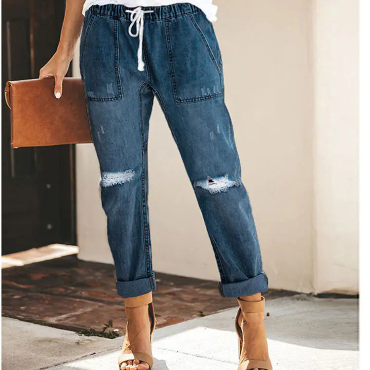 Women's Ripped Distressed Straight Leg Denim Pants