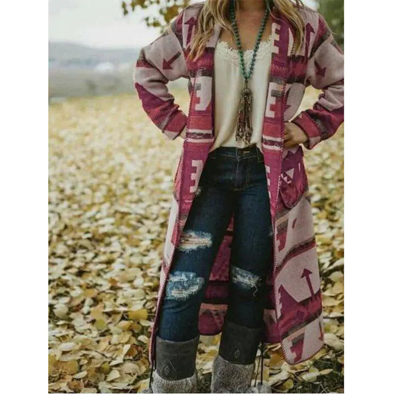 Printed Long Sleeve Woolen Coat