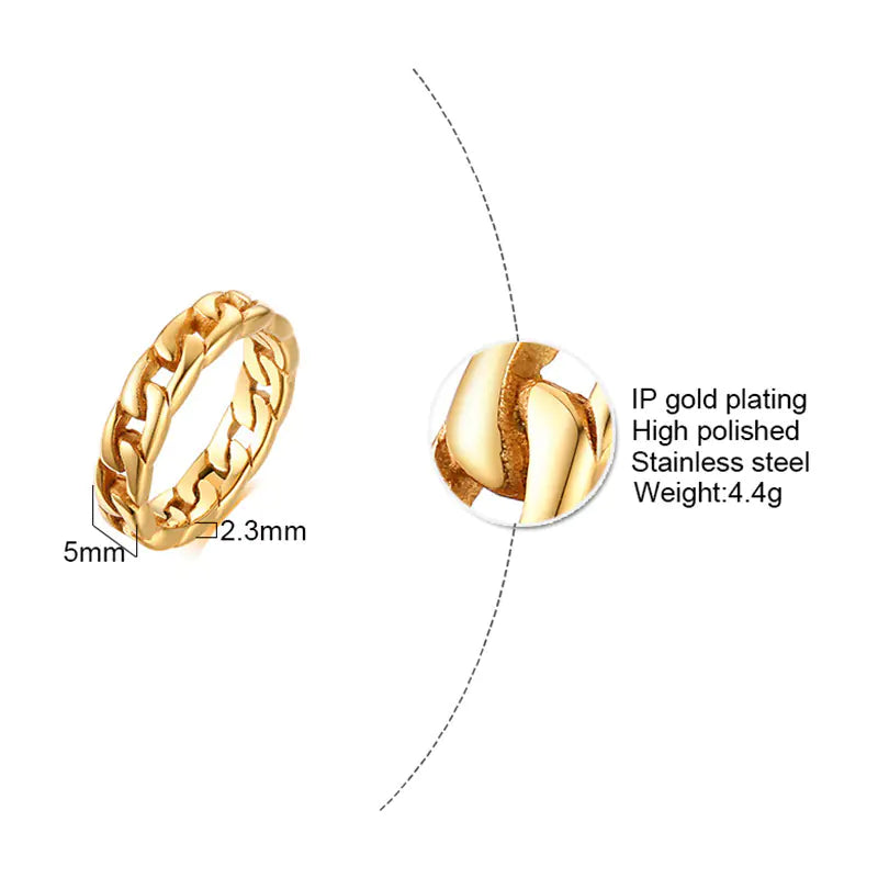 Trendy 18K Gold-Plated Stainless Steel Chain Ring