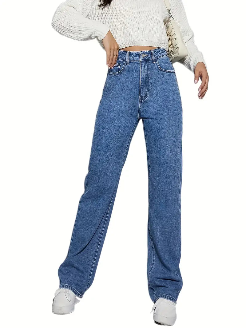 High Waist Loose Blue Denim Straight Leg Pants