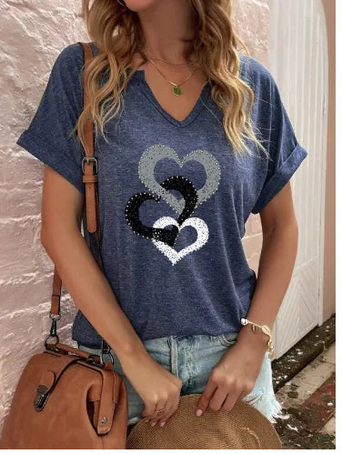 Women's Loose V-Neck Love Print Short Sleeve T-Shirt