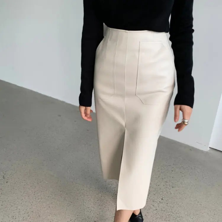 Mid-Length High Waist PU Leather Split Skirt