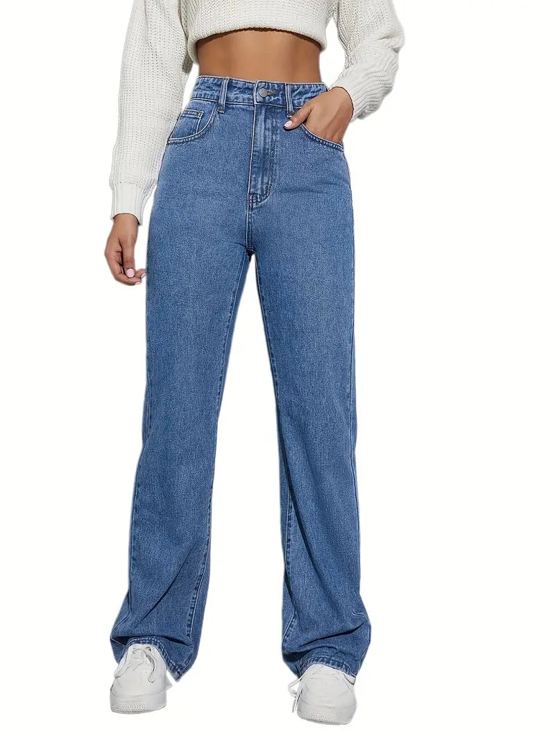 High Waist Loose Blue Denim Straight Leg Pants