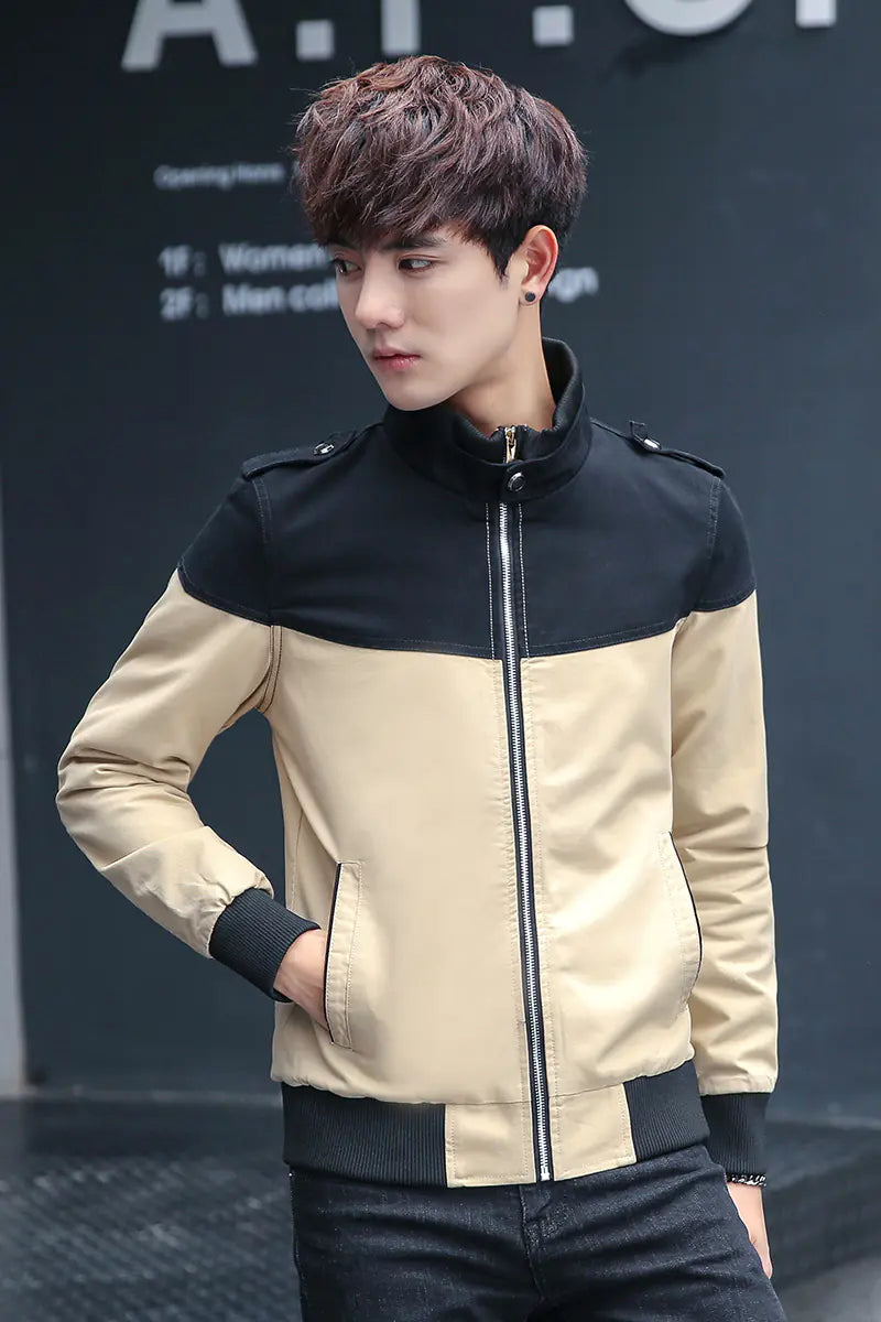 Men's Color Block Jacket - Casual Stand Collar Coat