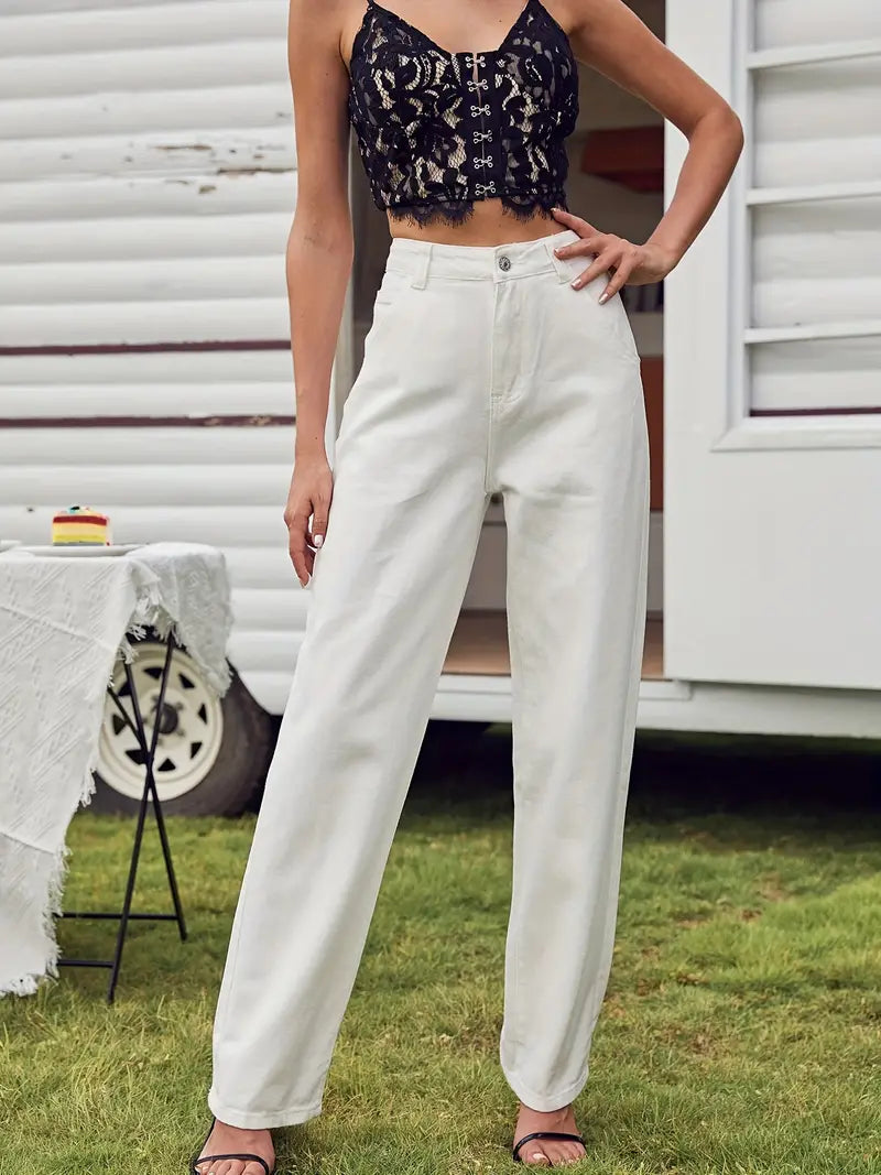 Women's High Waist Loose Fit Denim Pants with Pockets