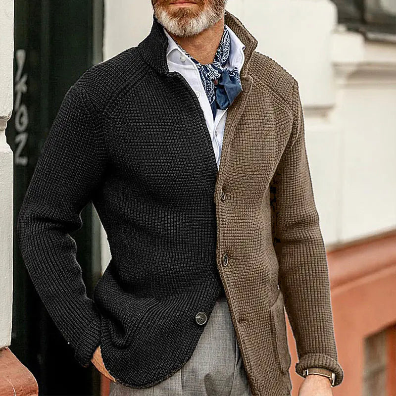 Color Blocked Slim Stand Collar Long Sleeve Coat