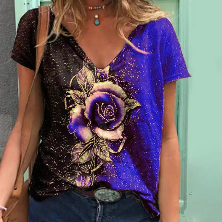 Summer V-neck 3D Rose Short-Sleeve Loose T-Shirt