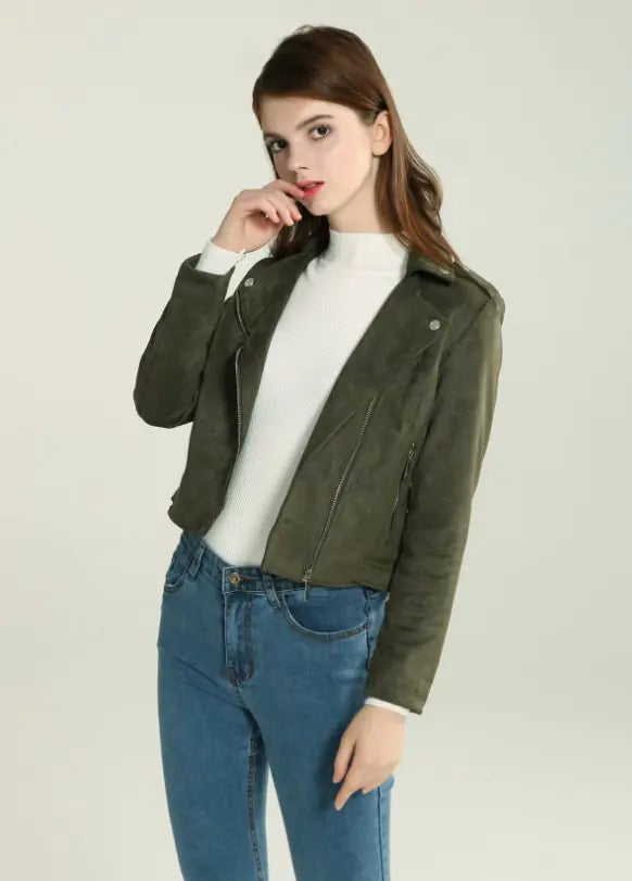 Short Women's Suede Jacket with Asymmetrical Zipper
